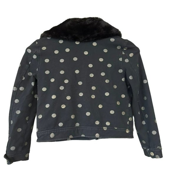 Kate Spade Black Gold Polka Dot Fur Collar Cropped Moto Jacket Girls 12 - Picture 2 of 5